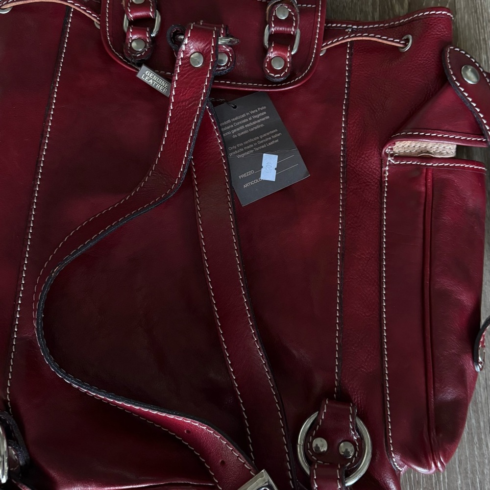 Genuine Leather Deep Red Backpack Multi-pocket - Picture 5 of 13